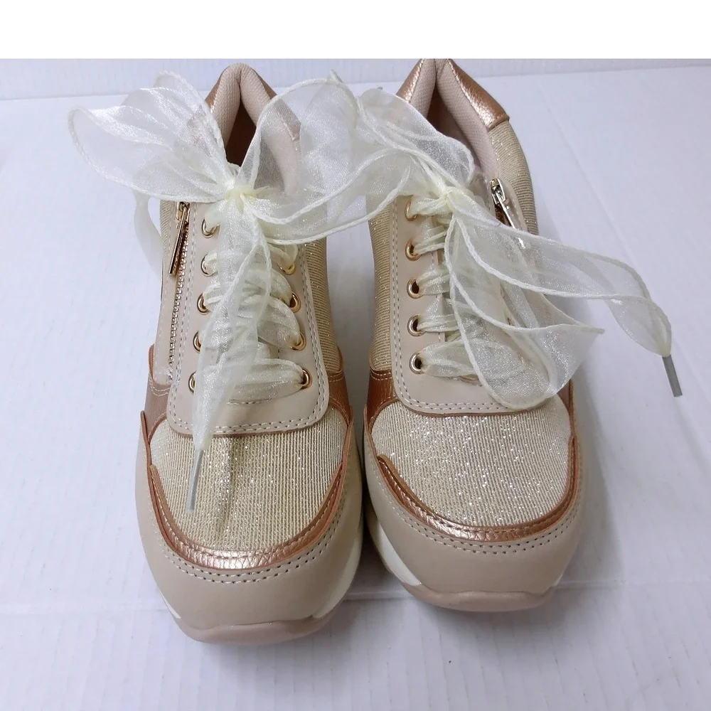 Beige Rose Gold Glitter Wedge Sneakers Ribbon‎ Laces Platform Shoes /#26709